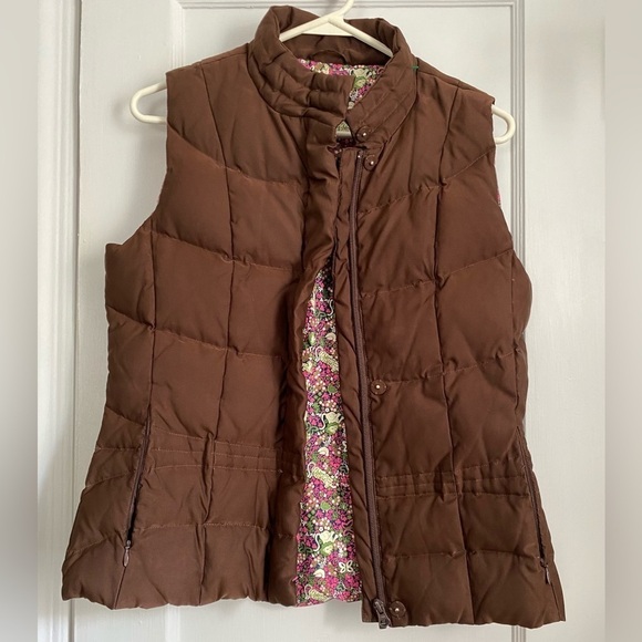 Lilly Pulitzer Down Brown Vest Paisley Floral Lining Zipper Snaps Size: Small - Picture 2 of 8
